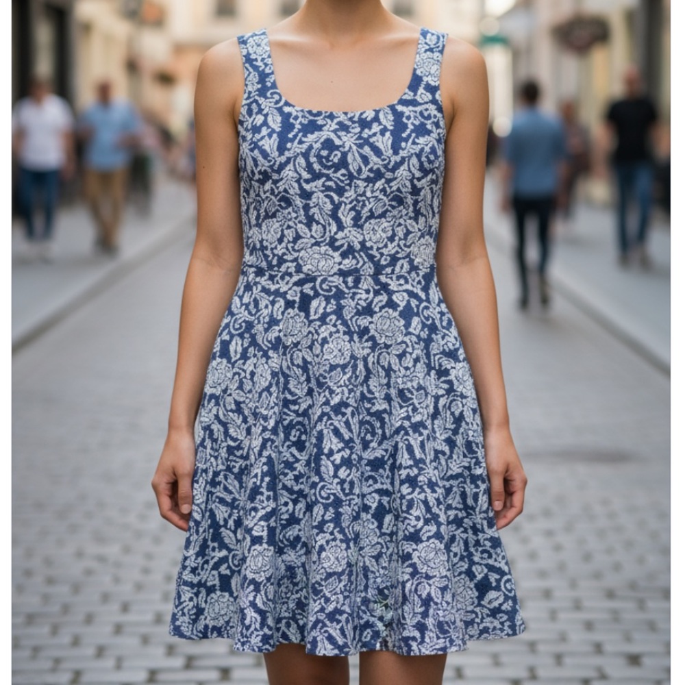 NWT BRIXON IVY Lex Textured Navy/White Floral Knit Fit & Flare Dress Sz Medium